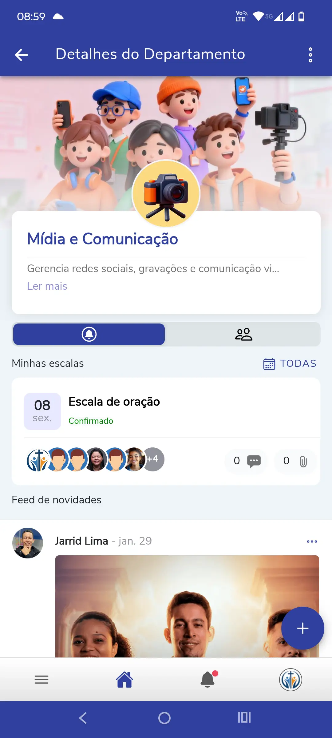 Tela do módulo de departamentos e escalas