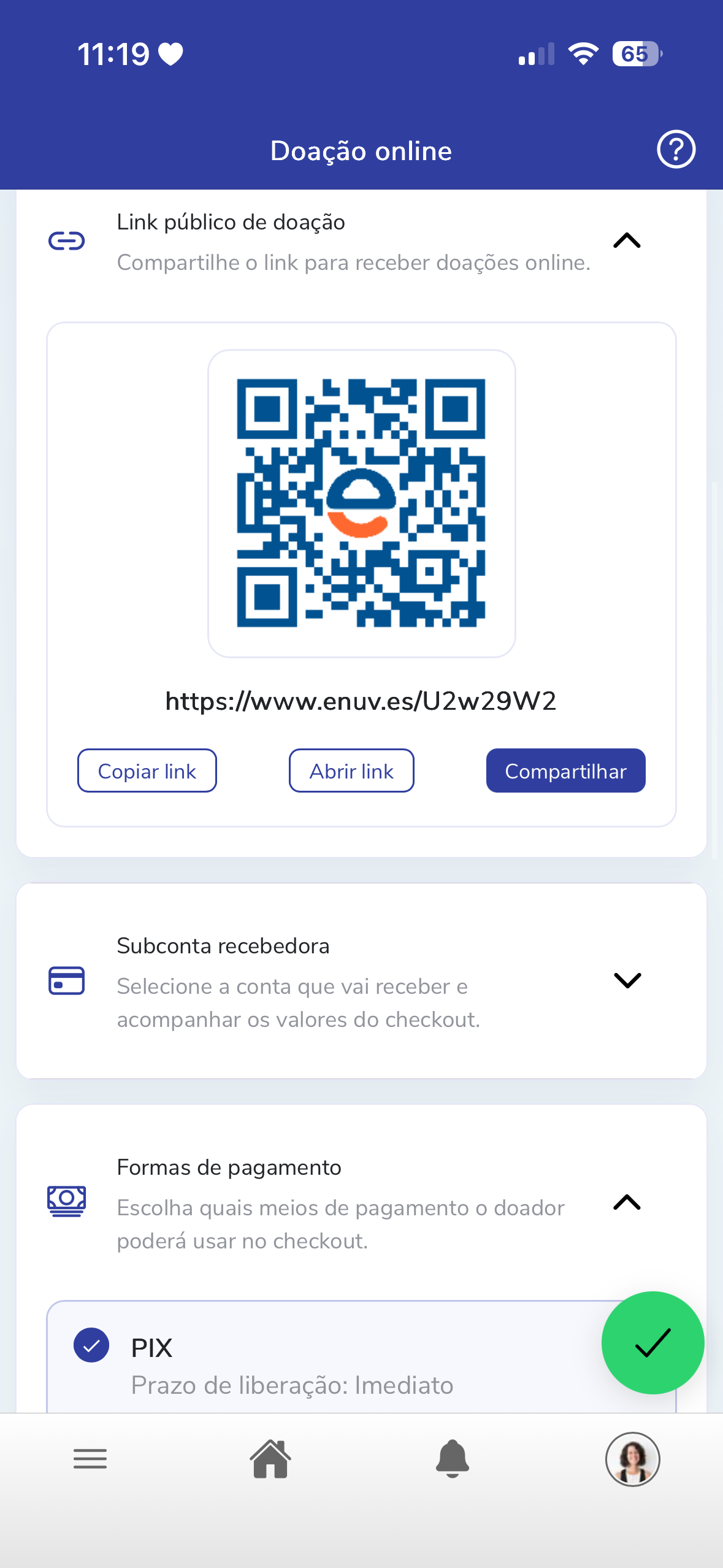 Tela de configuração da Doação Online no aplicativo Enuves
