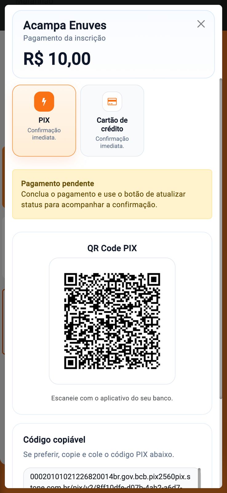 Pagamento de evento por PIX ou cartão de crédito no Enuves