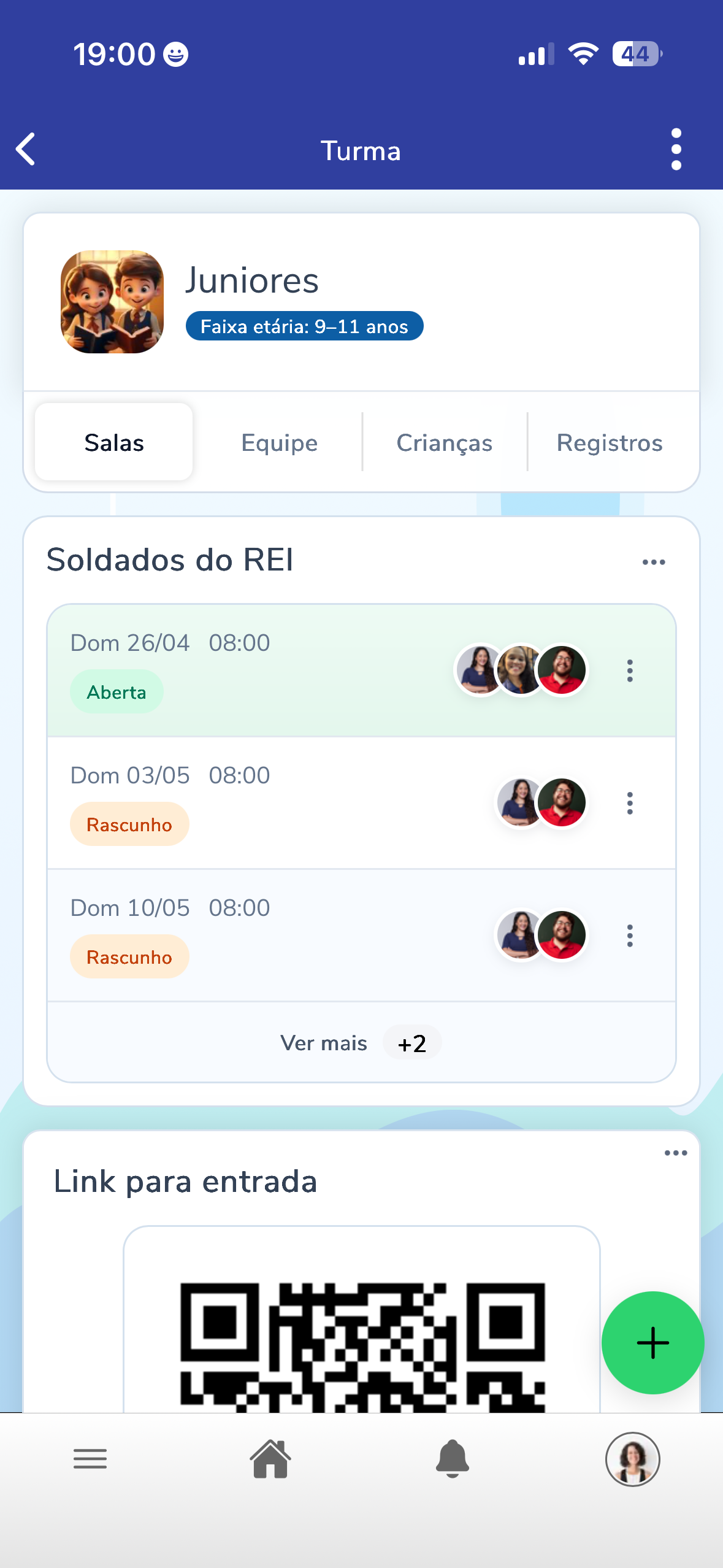 Tela de turma do módulo Kids no aplicativo Enuves