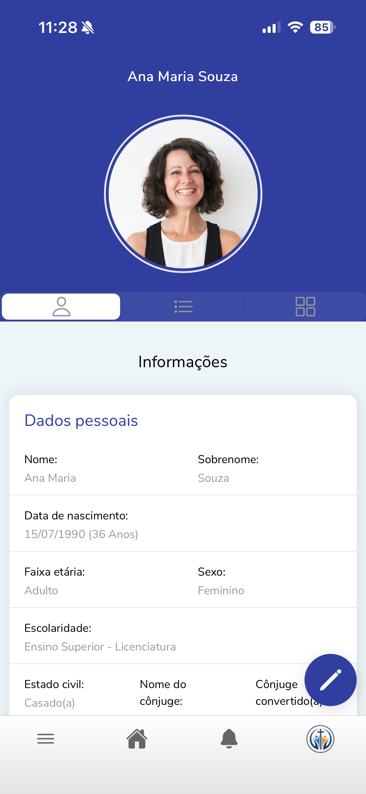 Tela de perfil e informações do membro no aplicativo Enuves