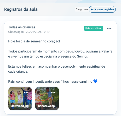 Tela do Kids com registros da aula e anexos
