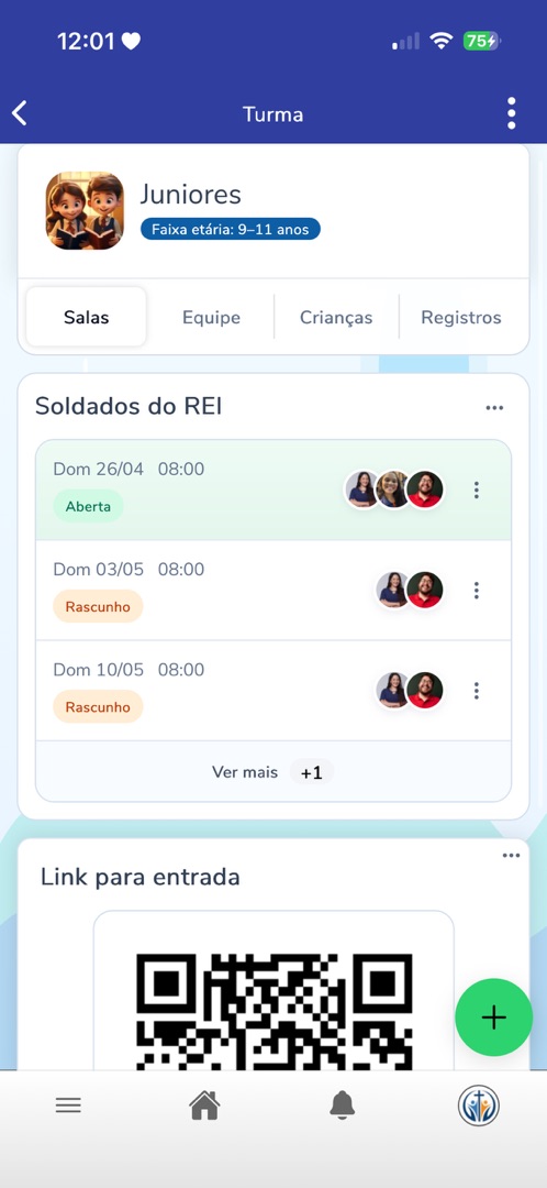 Tela mobile do Kids com turma Juniores e link de entrada
