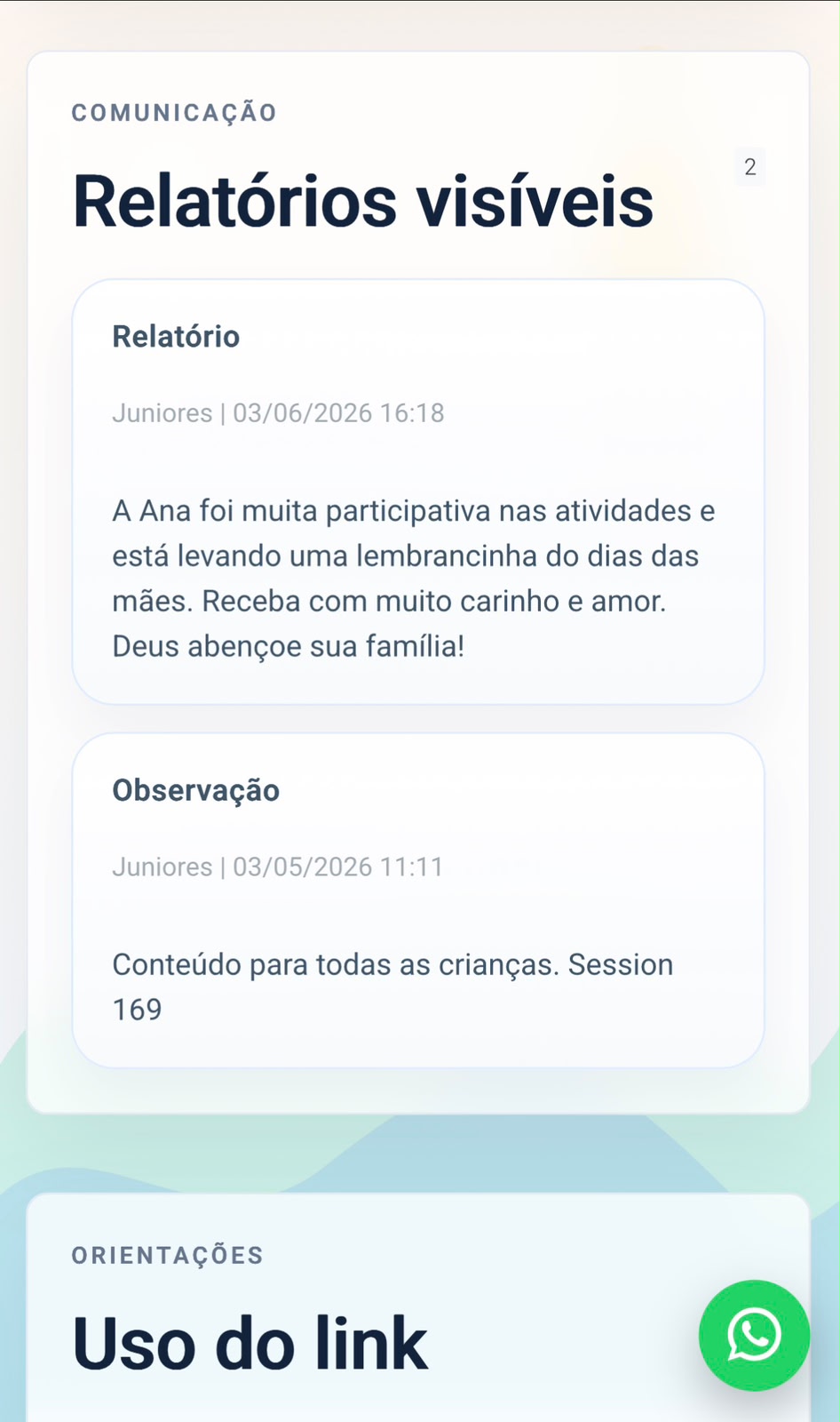 Tela mobile do Kids com relatórios visíveis para responsáveis