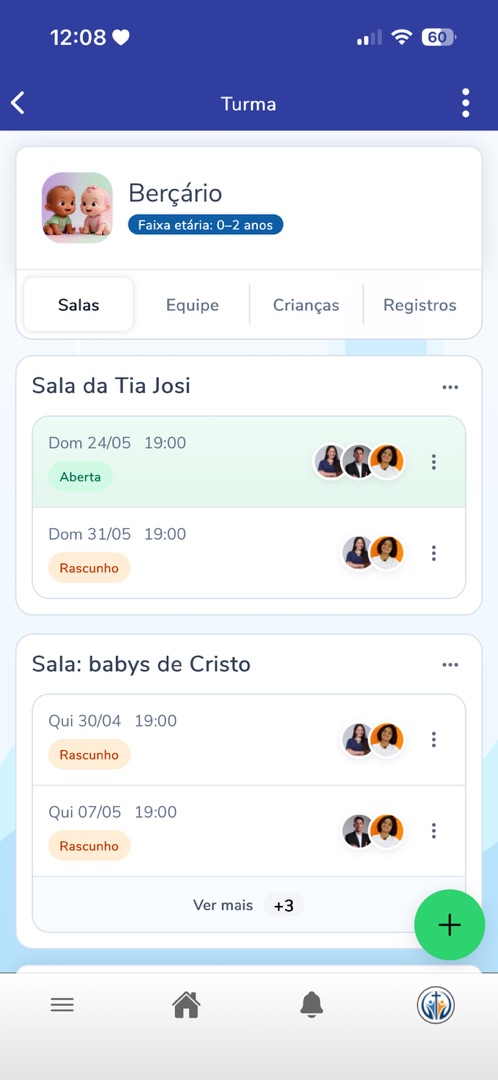 Tela mobile do Kids com turma, salas e programações